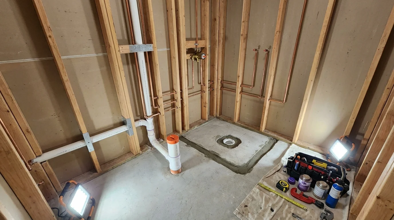 Bathroom rough-in plumbing during remodel by Johns Plumbing LLC in Dickens
