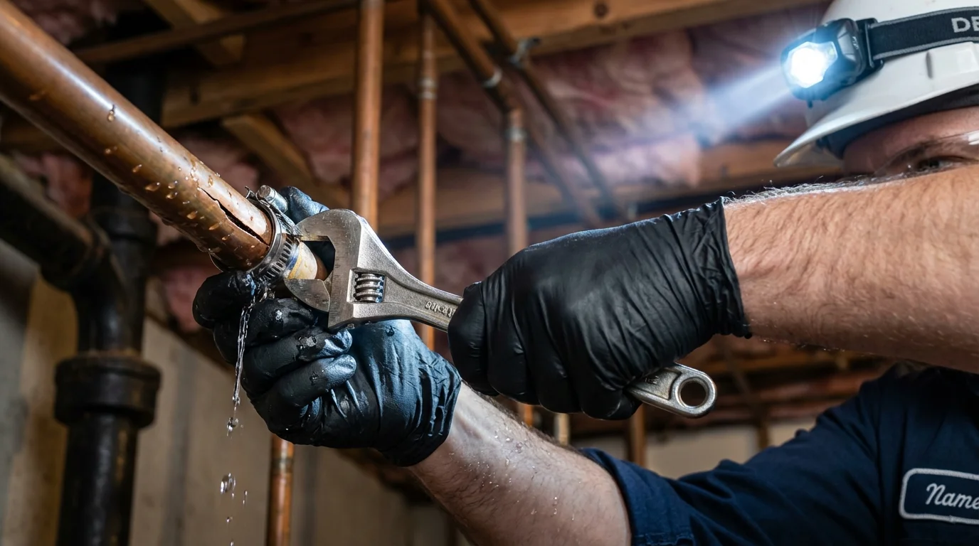 Emergency pipe clamp repair being performed by a Johns Plumbing LLC plumber in Dickens