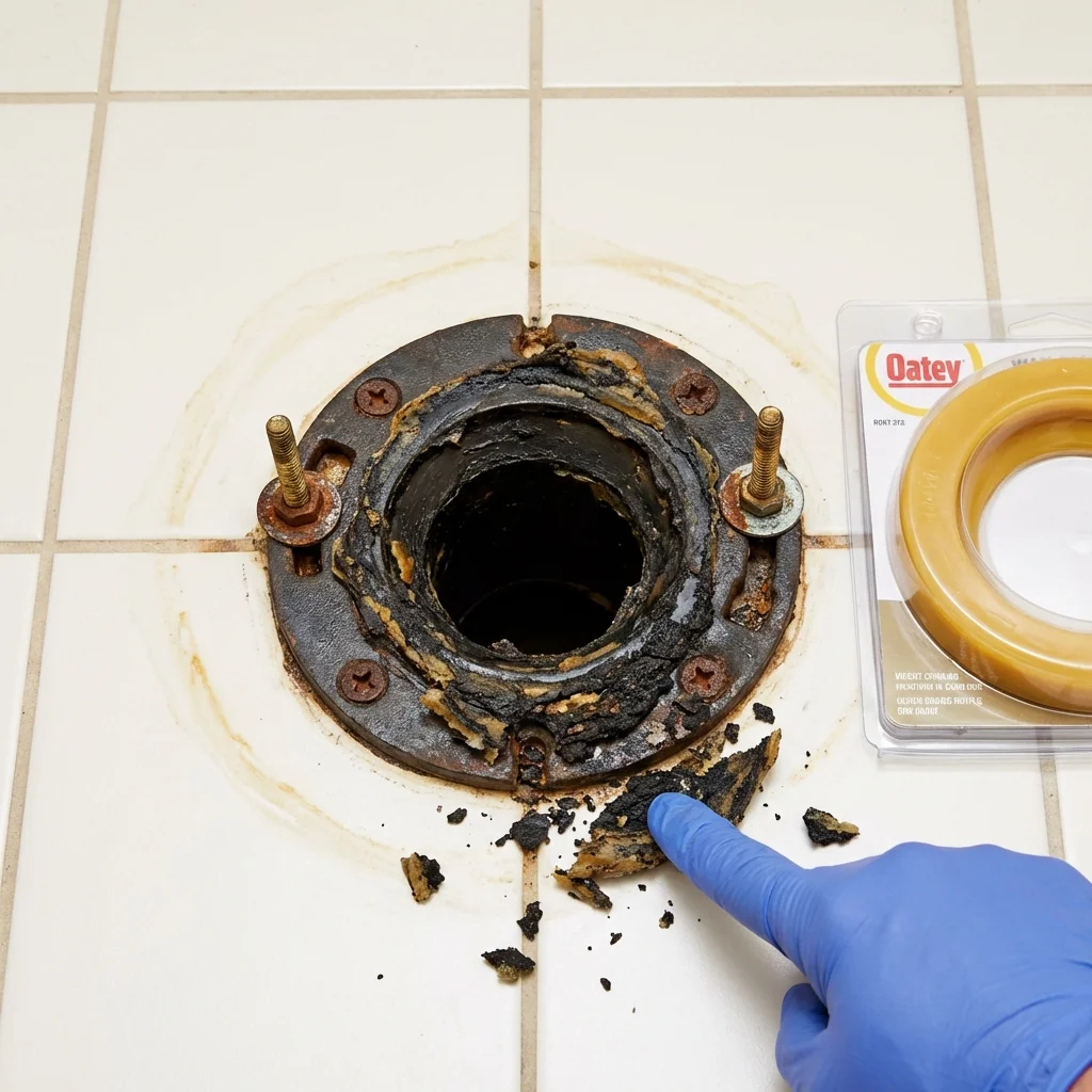 Failed wax ring showing water seepage at the base of a toilet in a Dickens, TX home