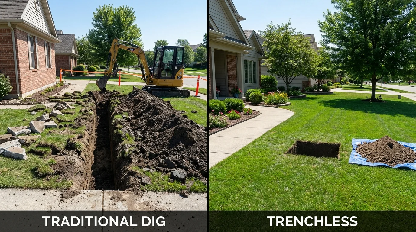 Trenchless sewer repair with minimal yard damage versus traditional excavation in Dickens, TX