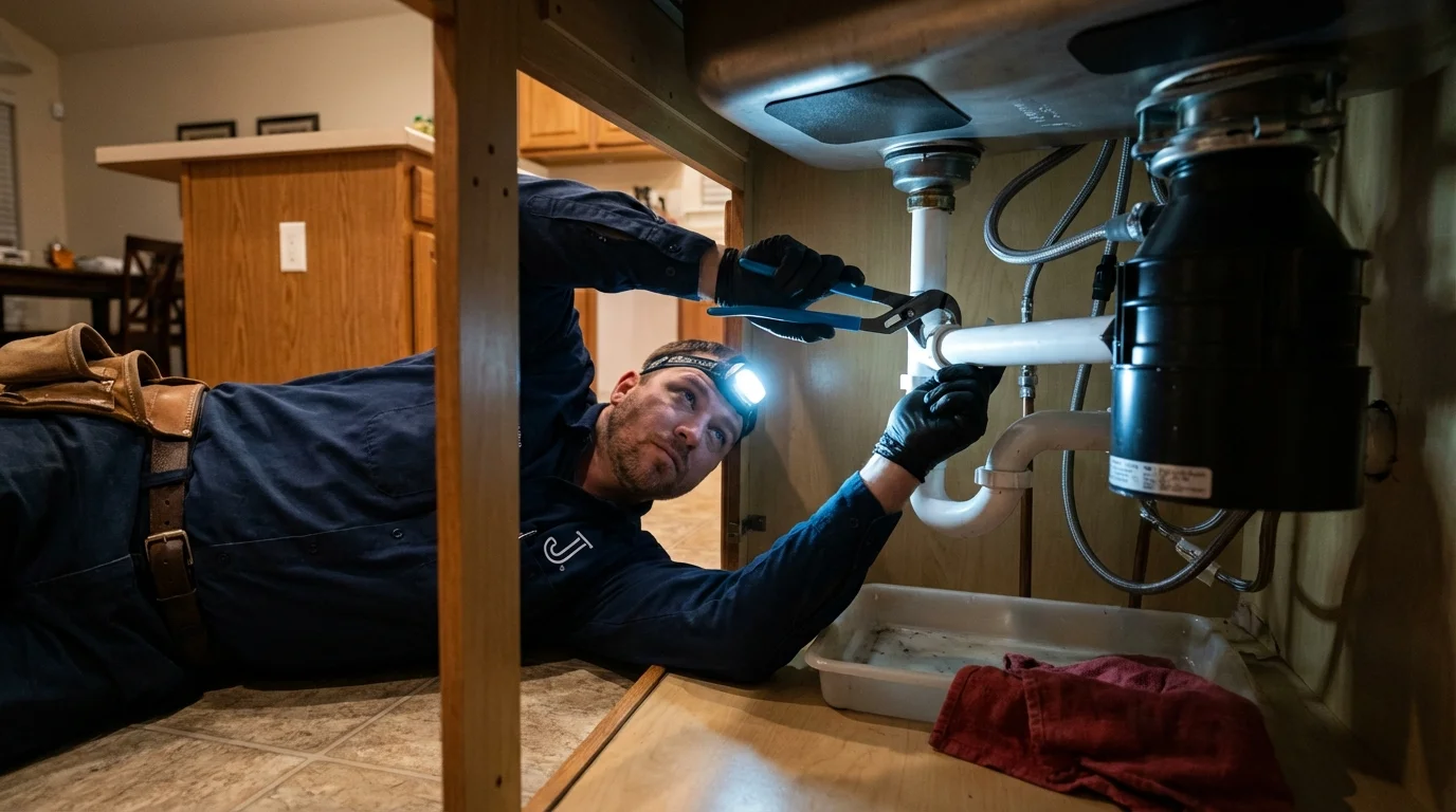 P-trap and supply line connections under a kitchen sink showing a common leak point in Dickens, TX